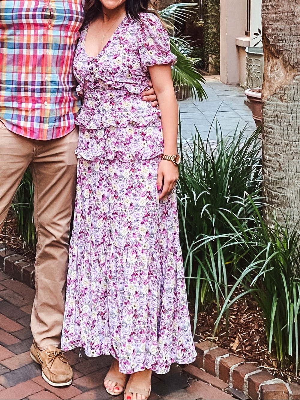 Astr Floral V-Neck Puff Sleeve Midi Dress in Lavender and Yellow